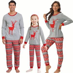 Child's Christmas Elk Print Long Sleeve Tee with Pants Pajama Sets Red